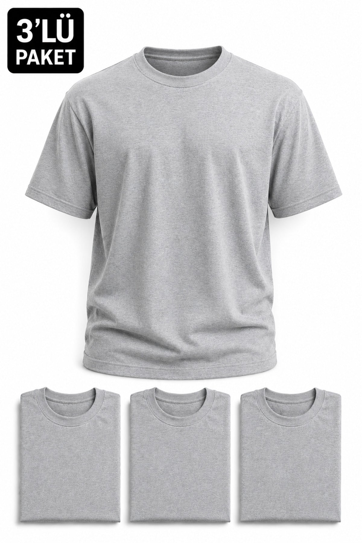 Erkek 3'lü Paket Pamuklu Regular Fit Bisiklet Yaka Günlük Basic Erkek Gri Tişört