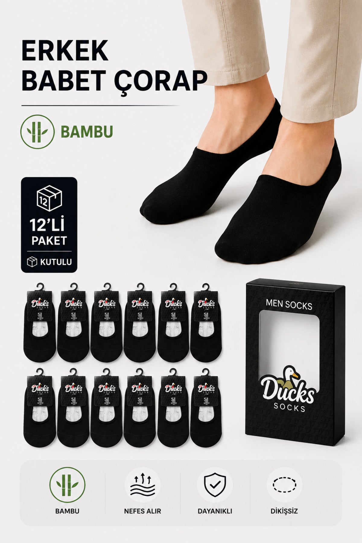 Erkek Siyah Bambu Babet Çorap Kutulu 12'li Dikişsiz Ayaktan Çıkma Önleyici Slikonlu Babet Çorap