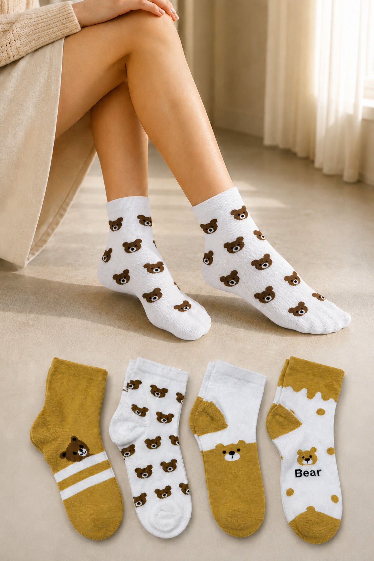 Kadın Teddy Bear Çorap Pamuklu Orta Konç Ayıcıklı Çorap 4'lü Dikişsiz Çorap