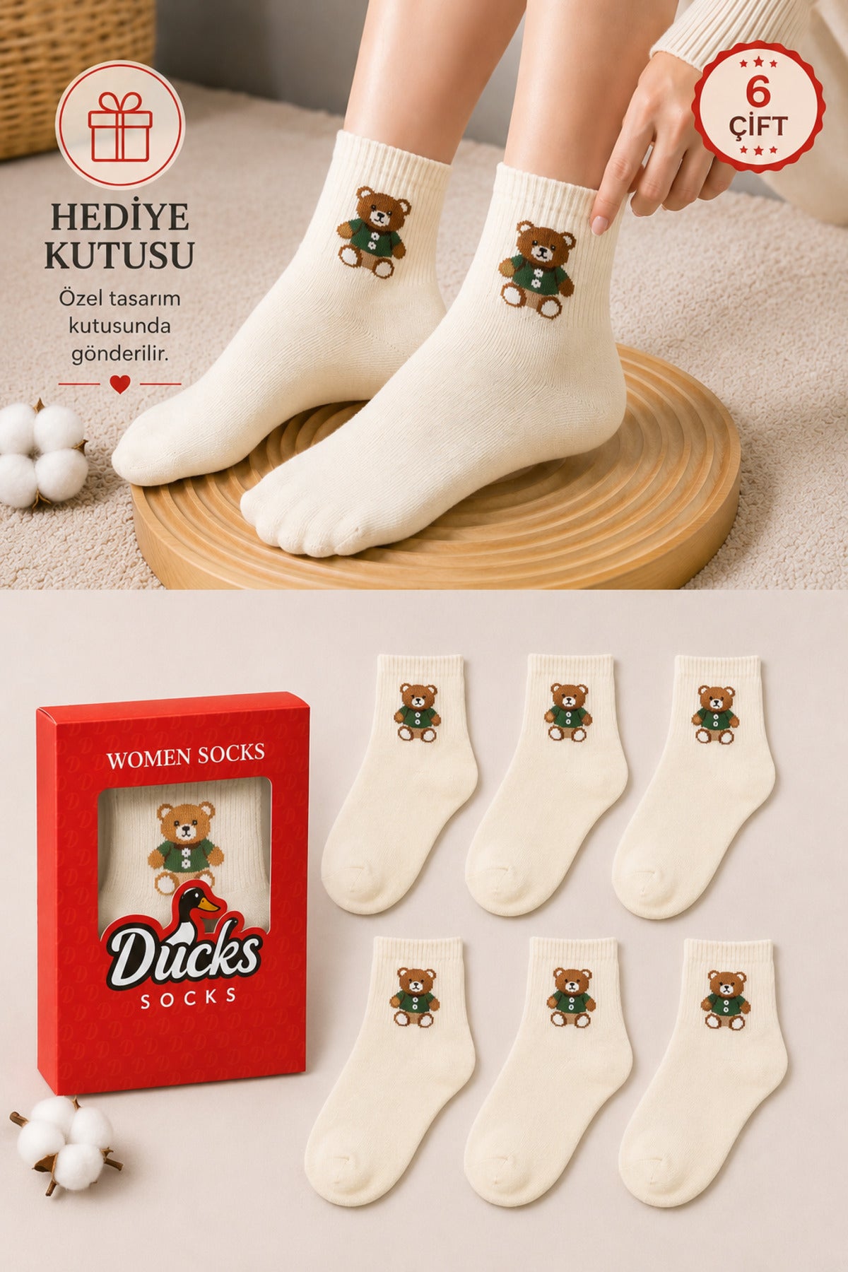 Kadın Ekru Teddy Bear Çorap Hediye Kutulu Pamuklu Kısa Konç Ayıcıklı Çorap 6'lı Dikişsiz