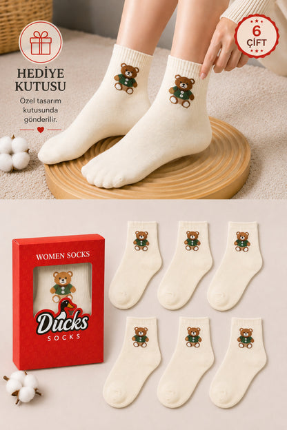 Kadın Ekru Teddy Bear Çorap Hediye Kutulu Pamuklu Kısa Konç Ayıcıklı Çorap 6'lı Dikişsiz