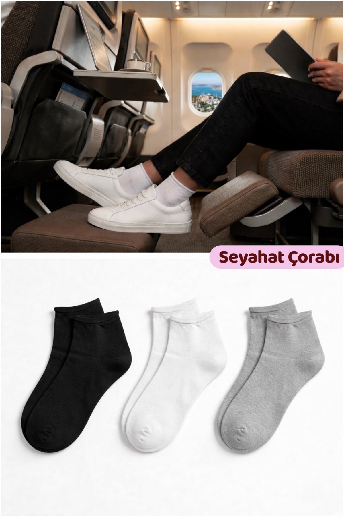 Erkek Lastiksiz Seyahat Çorabı 3’lü Paket Dikişsiz/Premium/Pamuk/Kısa Yolculuk Çorabı