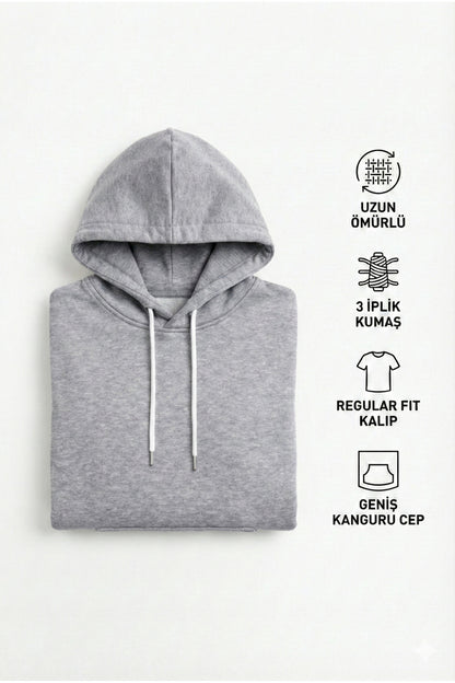 Kadın Gri 3 İplik Pamuklu Kapüşonlu Sweatshirt Basic Hoodie Kanguru Cepli
