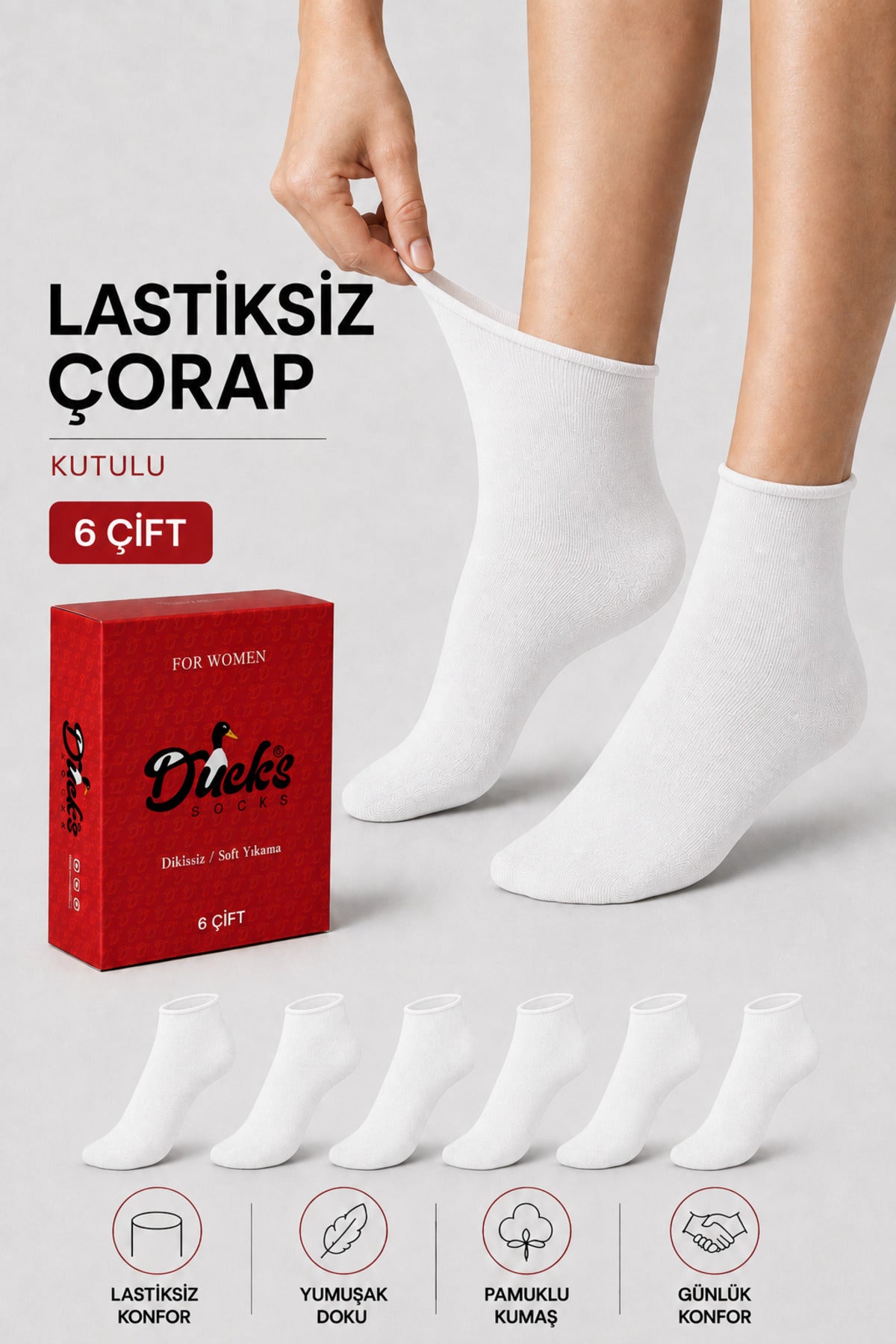 Kadın Beyaz 6'lı Pamuklu Kutulu Lastiksiz Çorap Diyabetik Dostu Dikişsiz Iz Bırakmaz Kısa Konç Sıkmayan Çorap