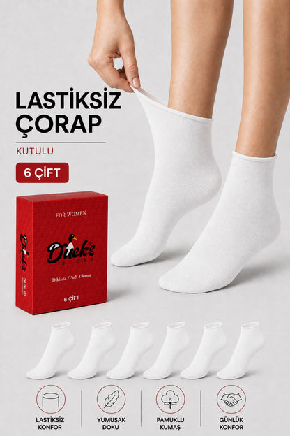 Kadın Beyaz 6'lı Pamuklu Kutulu Lastiksiz Çorap Diyabetik Dostu Dikişsiz Iz Bırakmaz Kısa Konç Sıkmayan Çorap