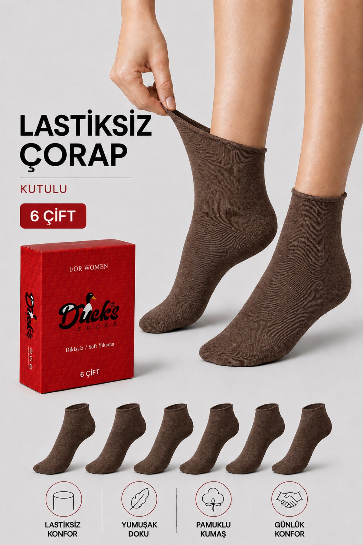 Kadın Kahverengi 6'lı Pamuklu Kutulu Lastiksiz Çorap Diyabetik Dostu Dikişsiz Iz Bırakmaz Kısa Konç Sıkmayan Çorap