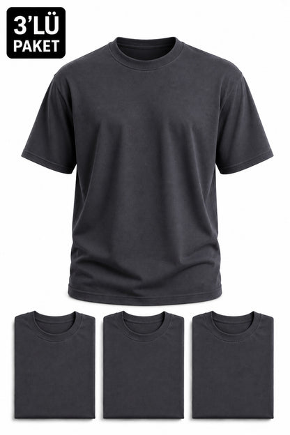 Erkek 3'lü Paket Pamuklu Regular Fit Bisiklet Yaka Günlük Basic Erkek Füme Tişört
