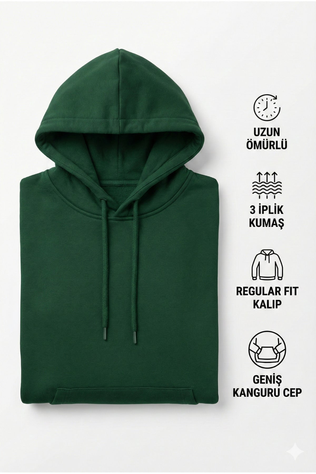 Erkek Koyu Yeşil 3 İplik Pamuklu Kapüşonlu Sweatshirt Basic Hoodie Kanguru Cepli