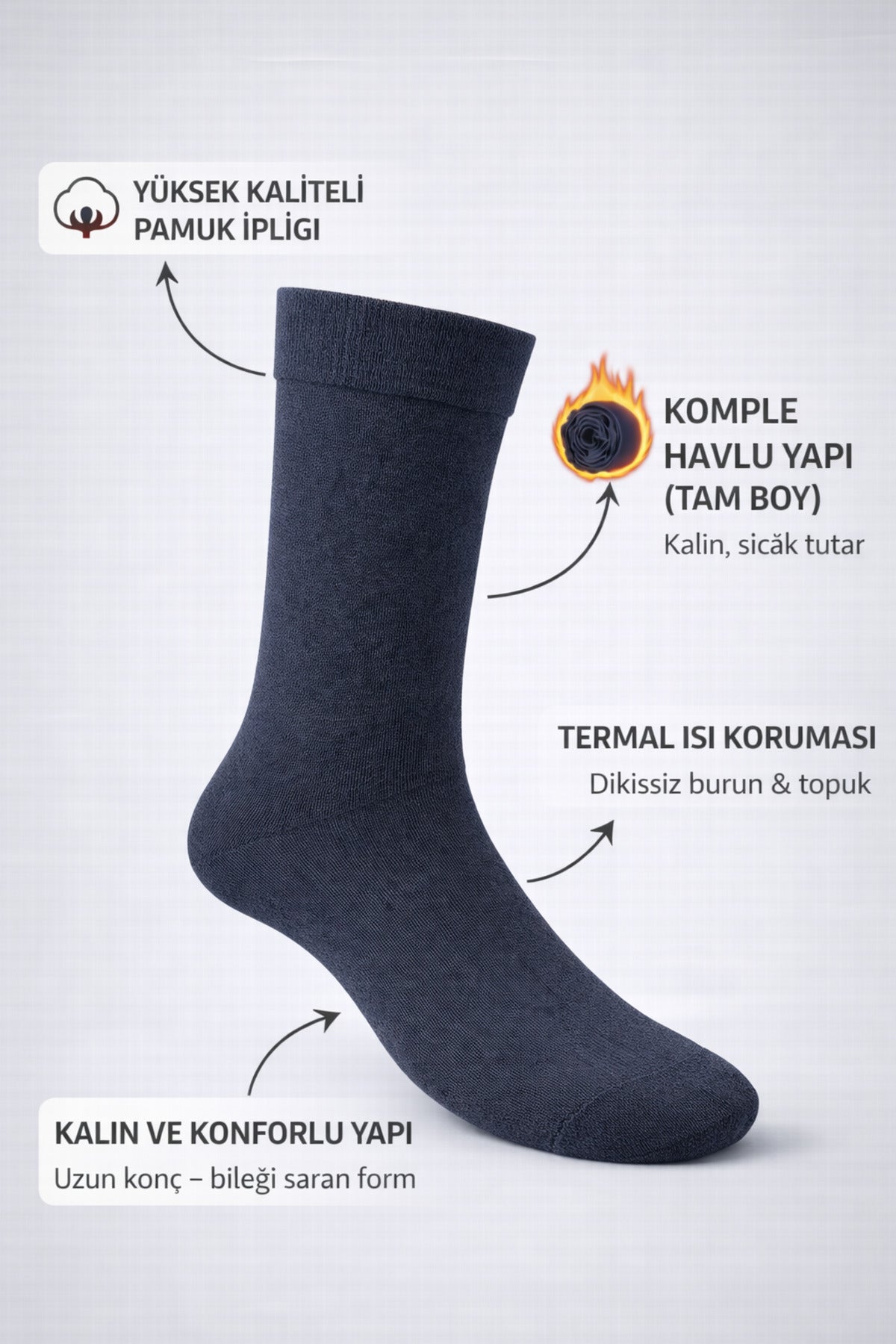 Ducks Socks Lacivert Erkek 3'lü Dikişsiz Isı Koruyucu Termal Kışlık Havlu Çorap