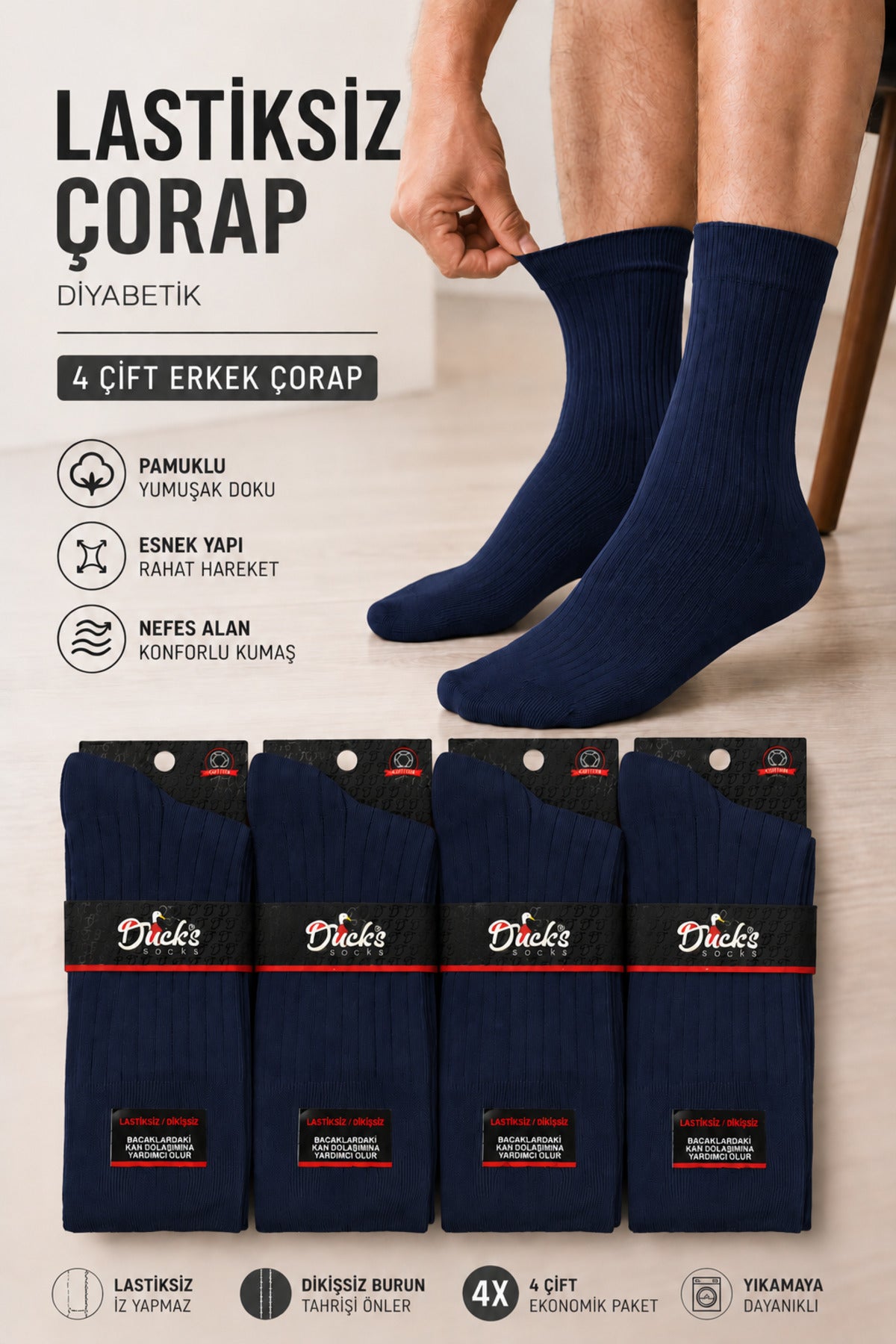 Erkek Lacivert Lastiksiz Çorap Çizgili Dikişsiz Uzun Konç Pamuklu Ayağı Sıkmayan 4'lü Set Derbili Erkek Çorap