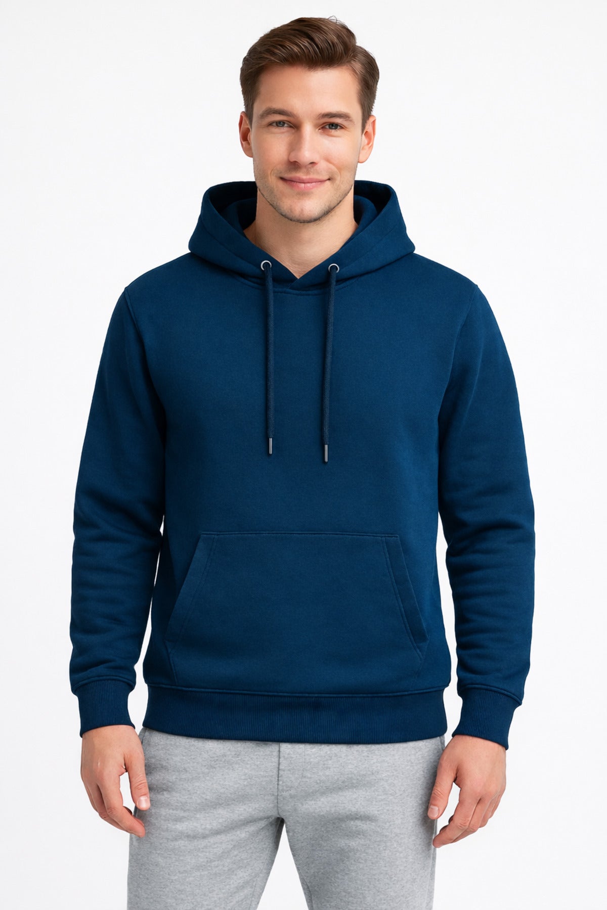 Erkek Gece Mavisi 3 İplik Pamuklu Kapüşonlu Sweatshirt Basic Hoodie Kanguru Cepli