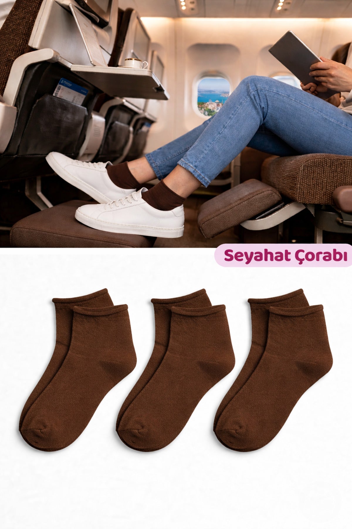 Kadın Kahverengi Lastiksiz Seyahat Çorabı 3’lü Paket Dikişsiz/Premium/Pamuk/Kısa/ Yolculuk Çorabı