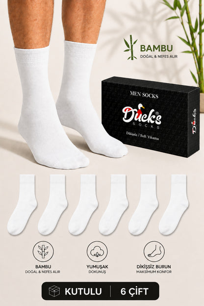 Erkek Beyaz Bambu Çorap 6'lı Kutulu Dikişsiz Uzun Konç Yıkamalı