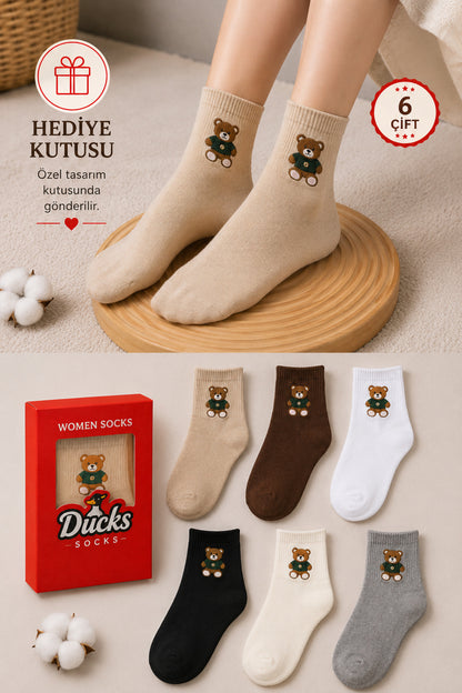 Kadın Teddy Bear Çorap Hediye Kutulu Pamuklu Kısa Konç Ayıcıklı Çorap 6'lı Dikişsiz