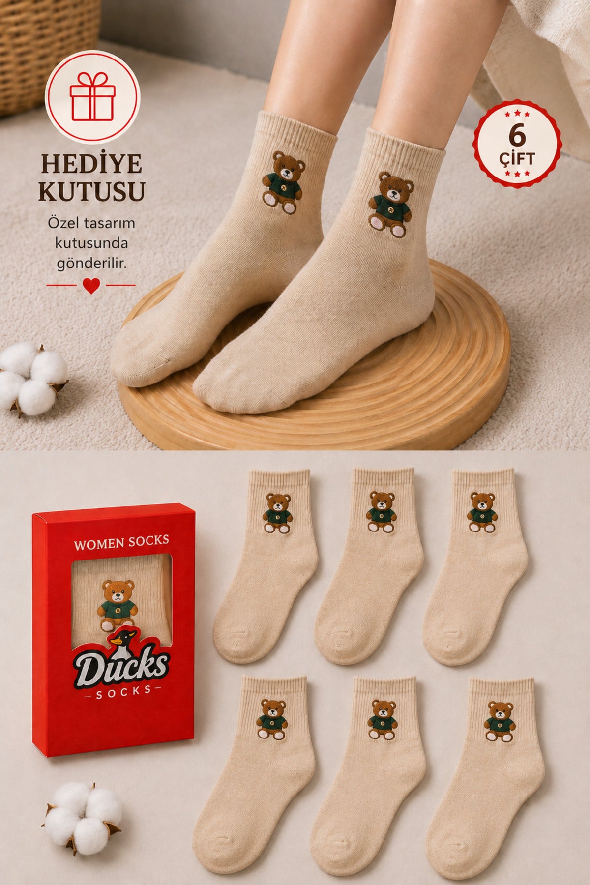 Kadın Bej Teddy Bear Çorap Hediye Kutulu Pamuklu Kısa Konç Ayıcıklı Çorap 6'lı Dikişsiz