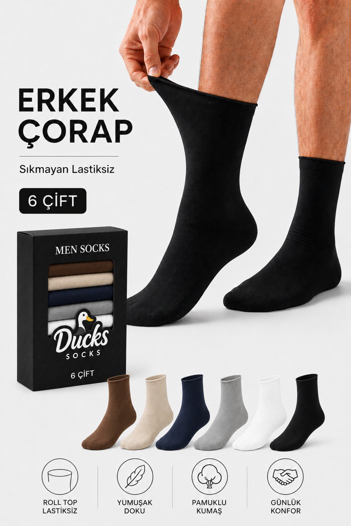Erkek Çok Renkli 6'lı Pamuklu Kutulu Lastiksiz Çorap Diyabetik Dostu Dikişsiz Esnek Uzun Konç Sıkmayan Çorap