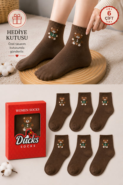 Kadın Kahverengi Teddy Bear Çorap Hediye Kutulu Pamuklu Kısa Konç Ayıcıklı Çorap 6'lı Dikişsiz