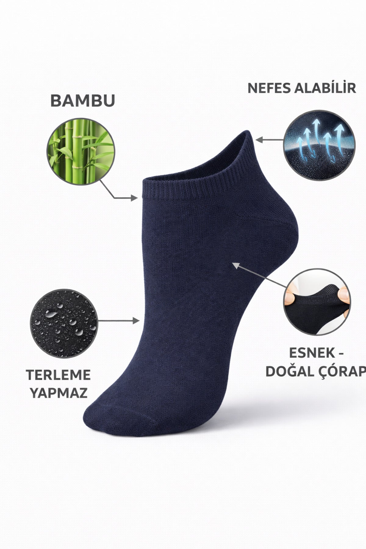 Erkek Lacivert Bambu Patik Kutulu Çorap 6 Çift Dikişsiz Nefes Alabilir Terletmez