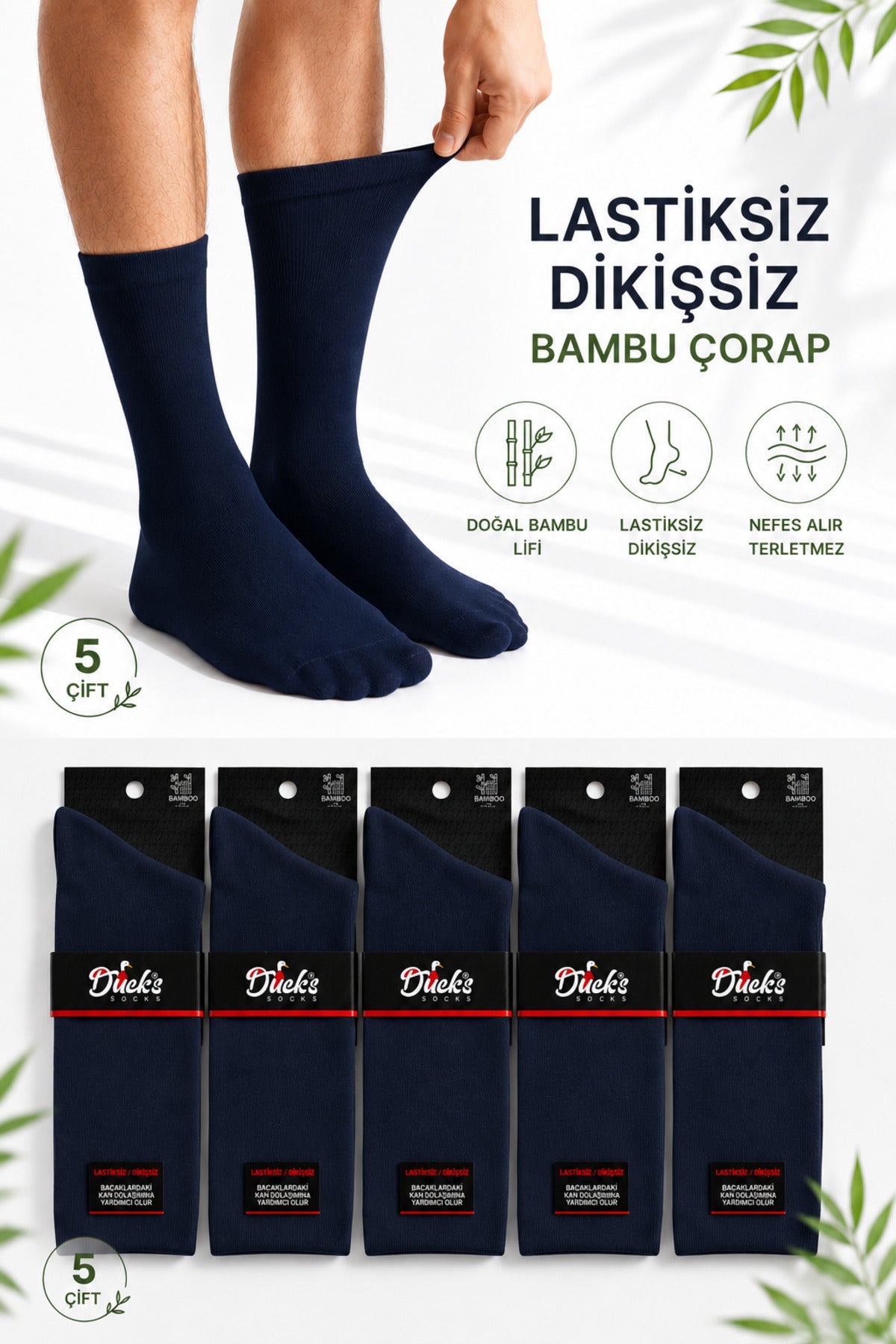Erkek Lacivert Bambu Lastiksiz Çorap Diyabetik Dostu Dikişsiz Uzun Konç Ayağı Sıkmayan 5'li Set Şeker Erkek Çorap