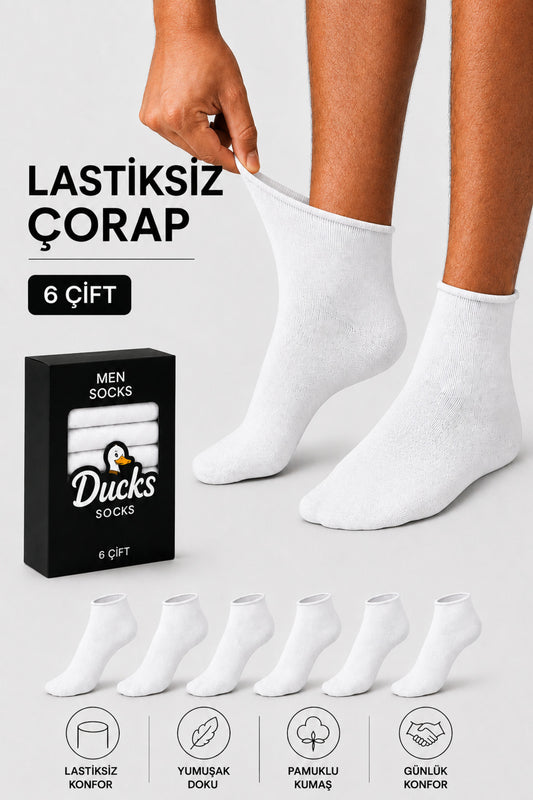 Ducks Socks Erkek Beyaz 6'lı Pamuklu Kutulu Lastiksiz Çorap Diyabetik Dostu Dikişsiz Esnek Kısa Konç Sıkmayan Çorap