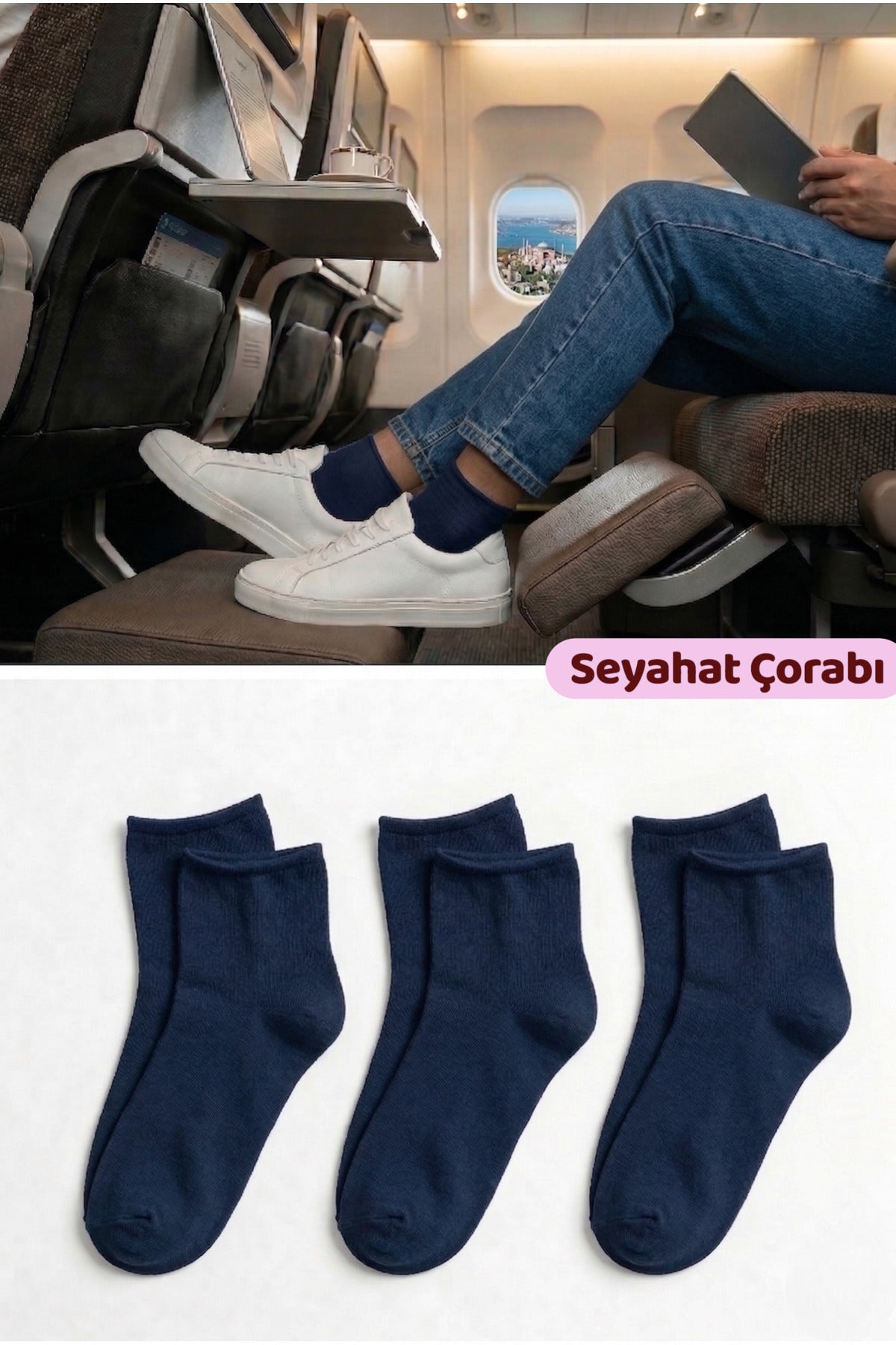 Erkek Lacivert Lastiksiz Seyahat Çorabı 3’lü Paket Dikişsiz/Premium/Pamuk/Kısa Yolculuk Çorabı