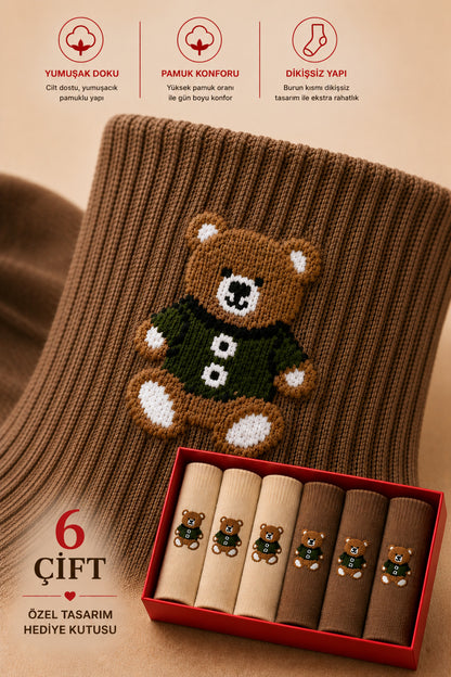 Kadın Teddy Bear Çorap Hediye Kutulu Pamuklu Kısa Konç Ayıcıklı Çorap 6'lı Dikişsiz