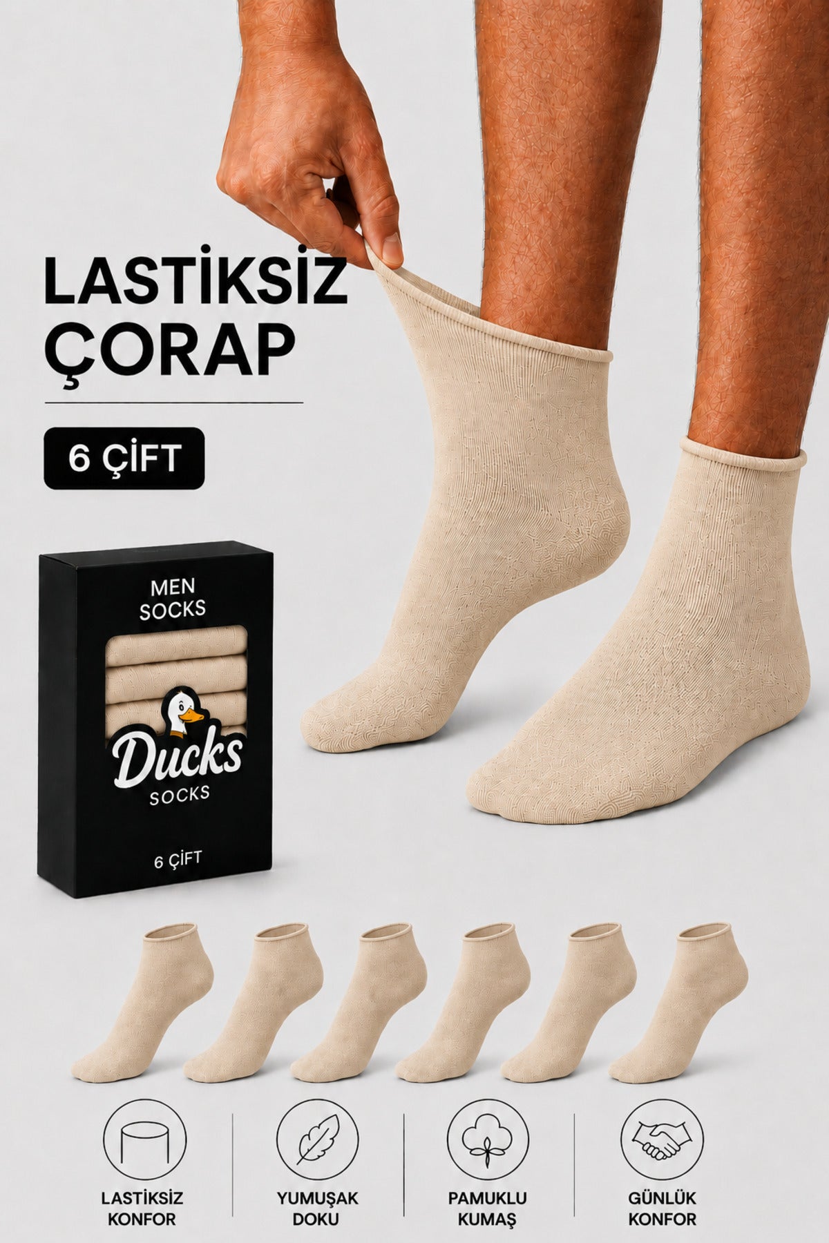Erkek Bej 6'lı Pamuklu Kutulu Lastiksiz Çorap Diyabetik Dostu Dikişsiz Esnek Iz Bırakmaz Kısa Konç Sıkmayan Çorap