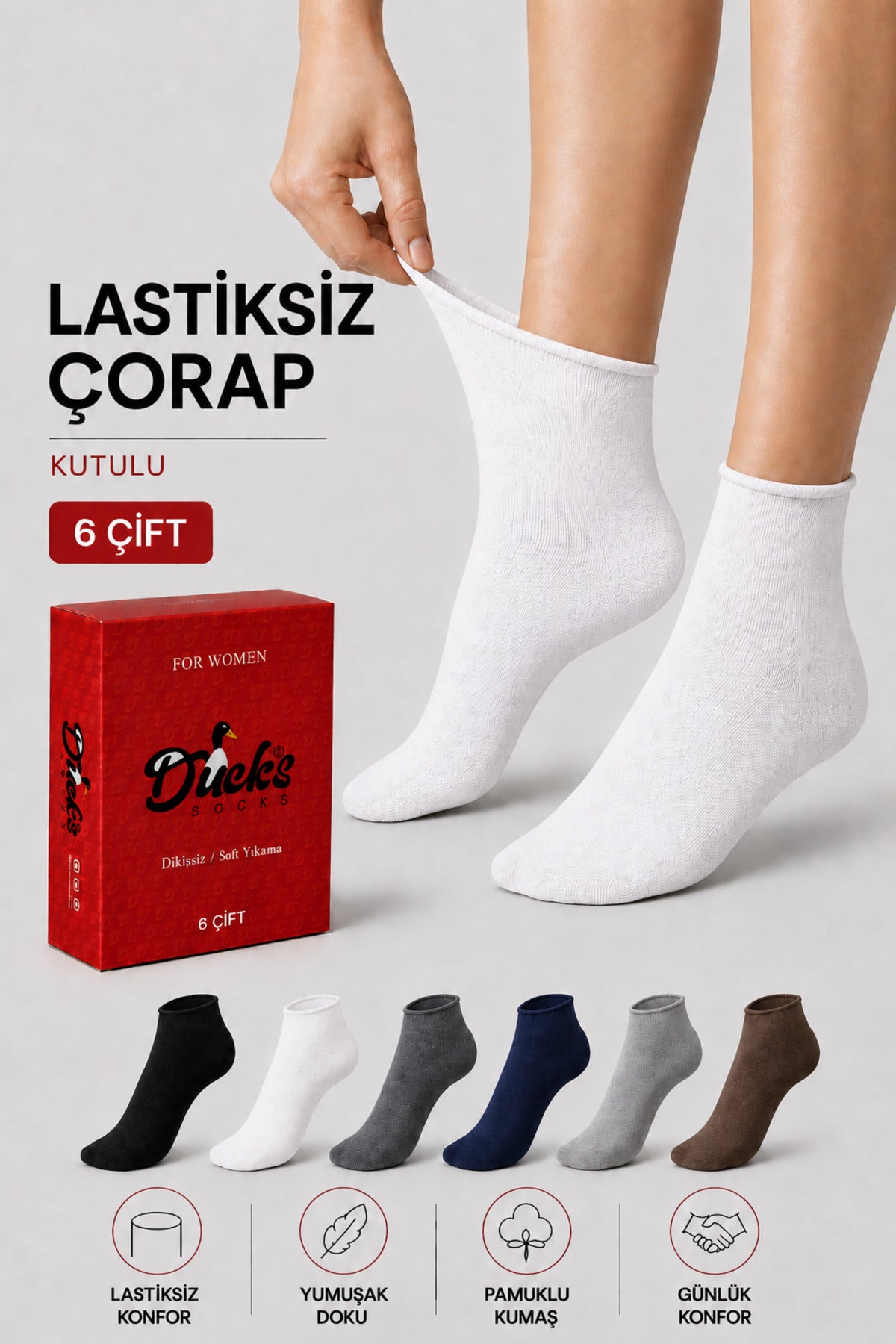 Kadın 6'lı Pamuklu Kutulu Lastiksiz Çorap Diyabetik Dostu Dikişsiz Iz Bırakmaz Kısa Konç Sıkmayan Çorap