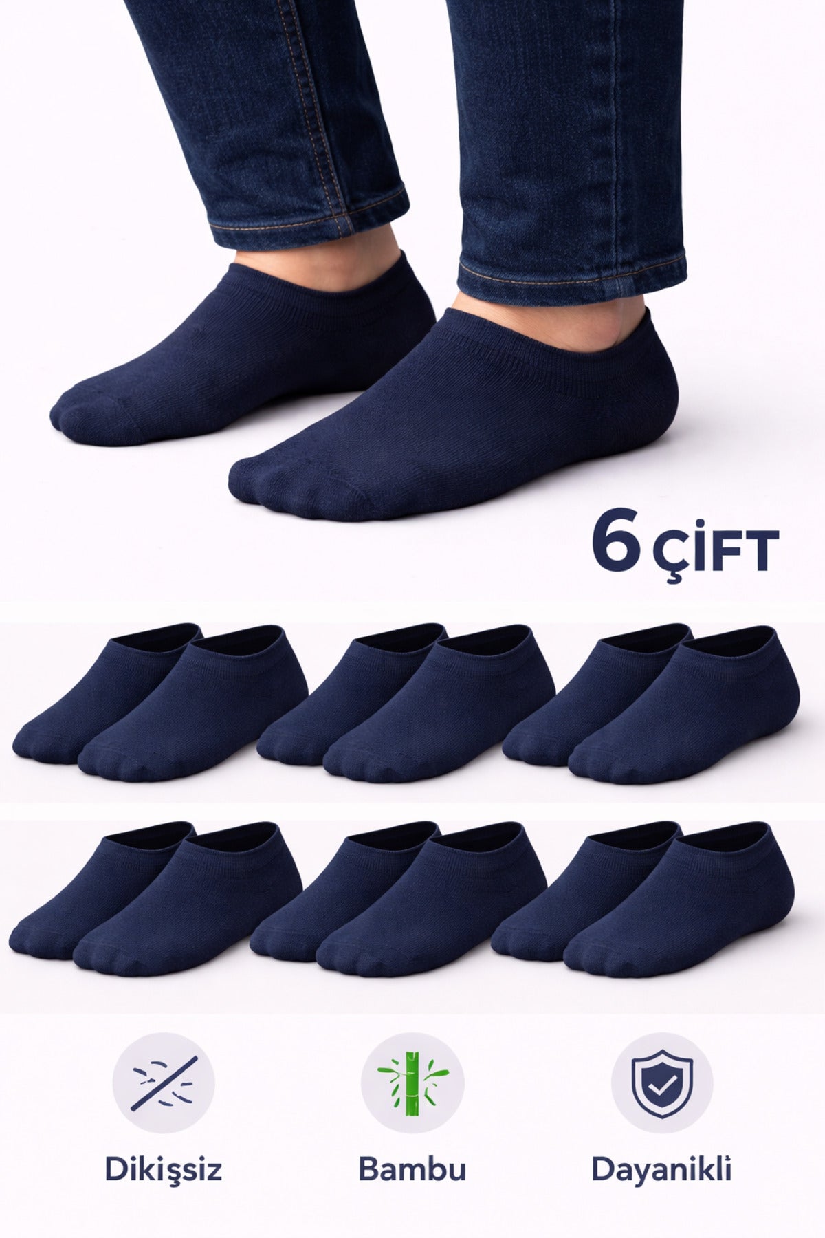 Erkek Bambu 6'lı Dikişsiz Sneakers Çorap