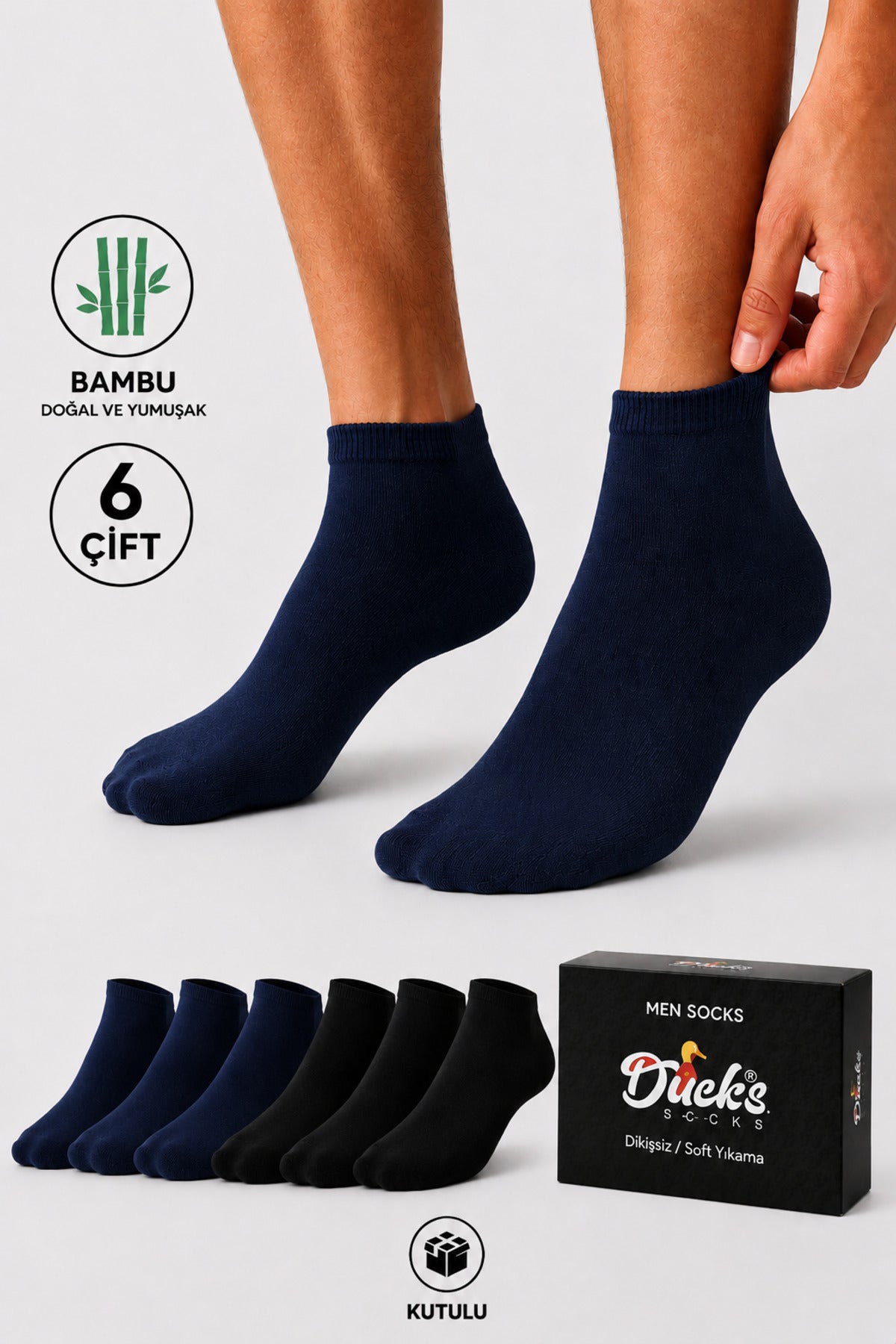 Erkek Lacivert Bambu Patik Çorap 6 Çift Dikişsiz Nefes Alabilir Terletmez