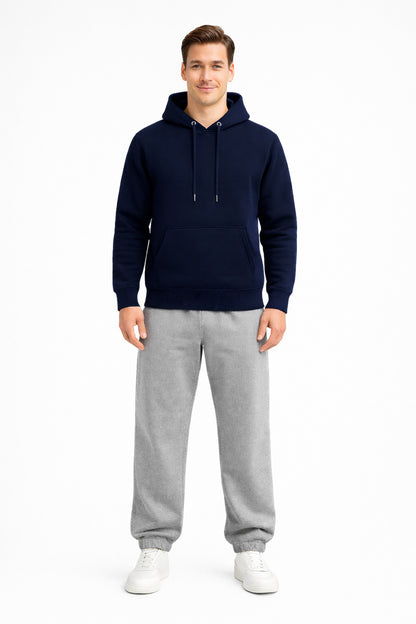 Erkek Lacivert 3 İplik Pamuklu Kapüşonlu Sweatshirt Basic Hoodie Kanguru Cepli