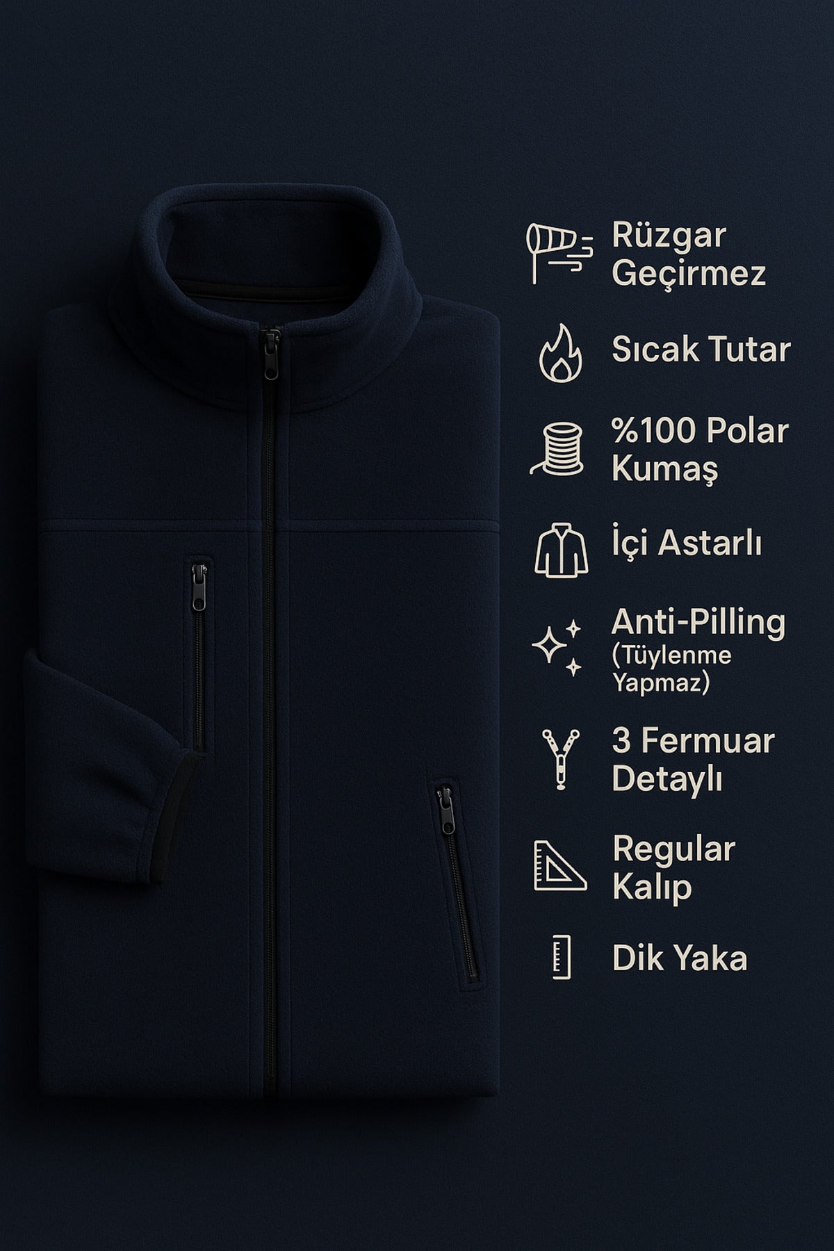 Erkek Anti-pilling Tüylenme Yapmayan Standart Fit Dik Yaka Soğuk Geçirmez Üç Cepli Fermuarlı Polar