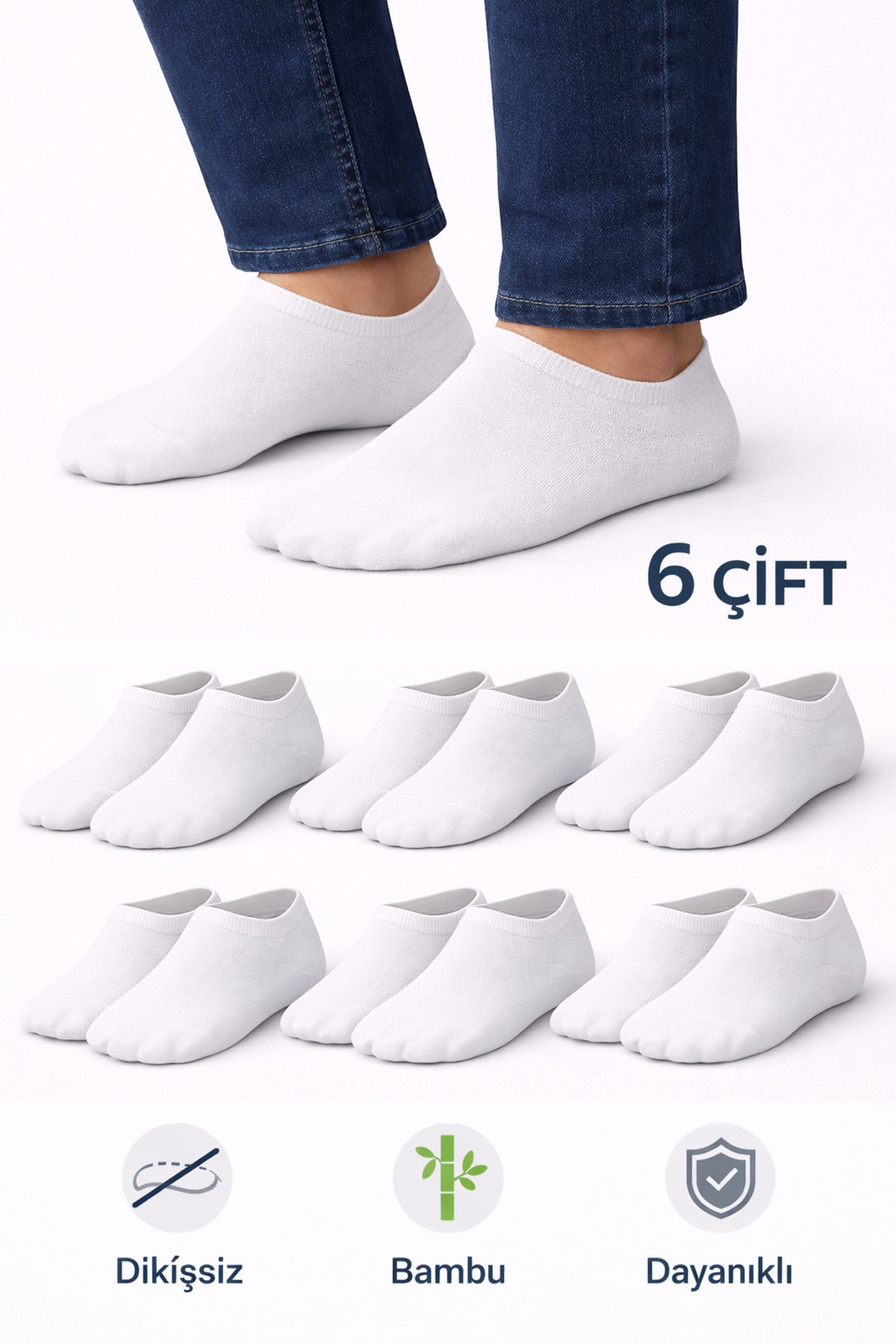 Erkek Bambu 6'lı Dikişsiz Sneakers Çorap