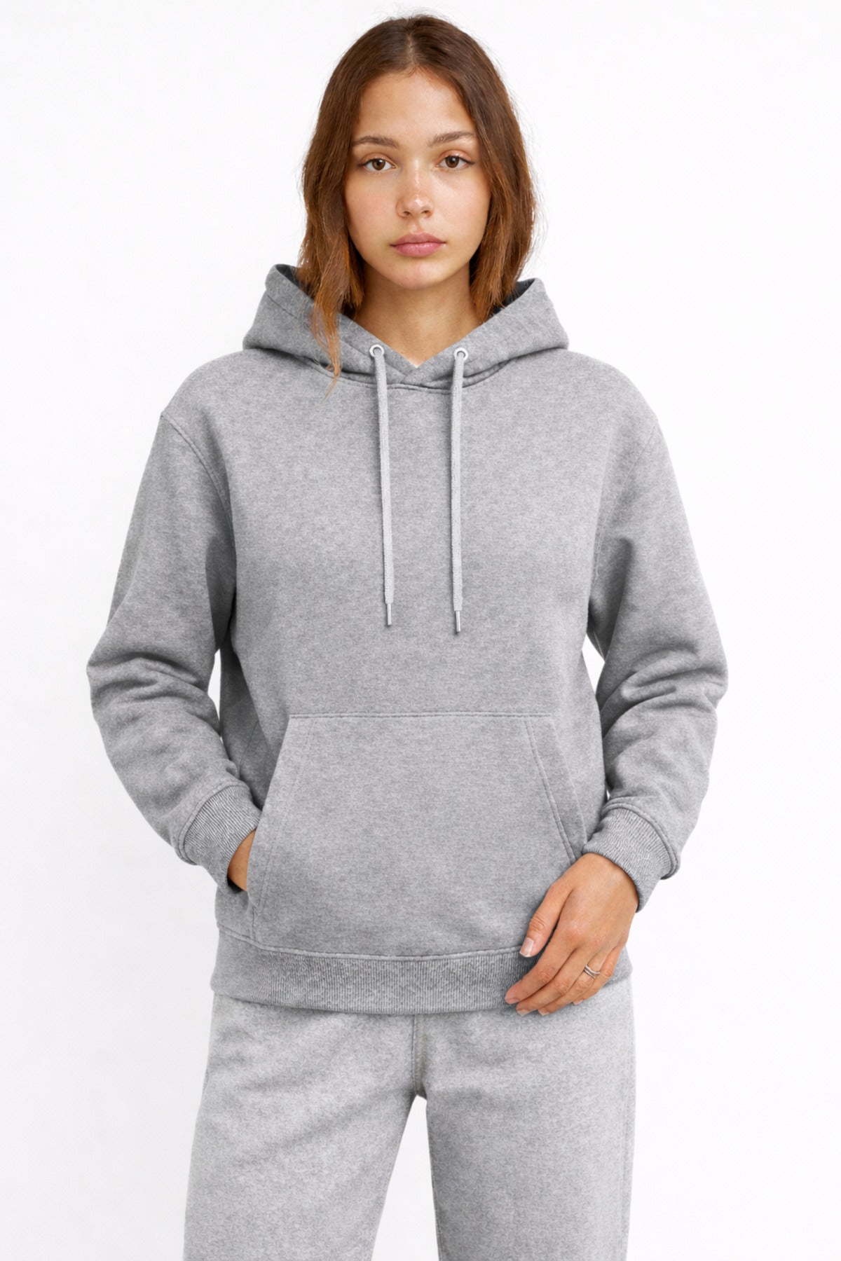 Kadın Gri 3 İplik Pamuklu Kapüşonlu Sweatshirt Basic Hoodie Kanguru Cepli