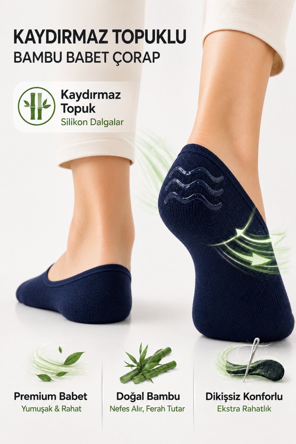 Kadın Lacivert Bambu Babet Çorap Premium 12'li Dikişsiz Ayaktan Çıkma Önleyici Slikonlu Babet Çorap