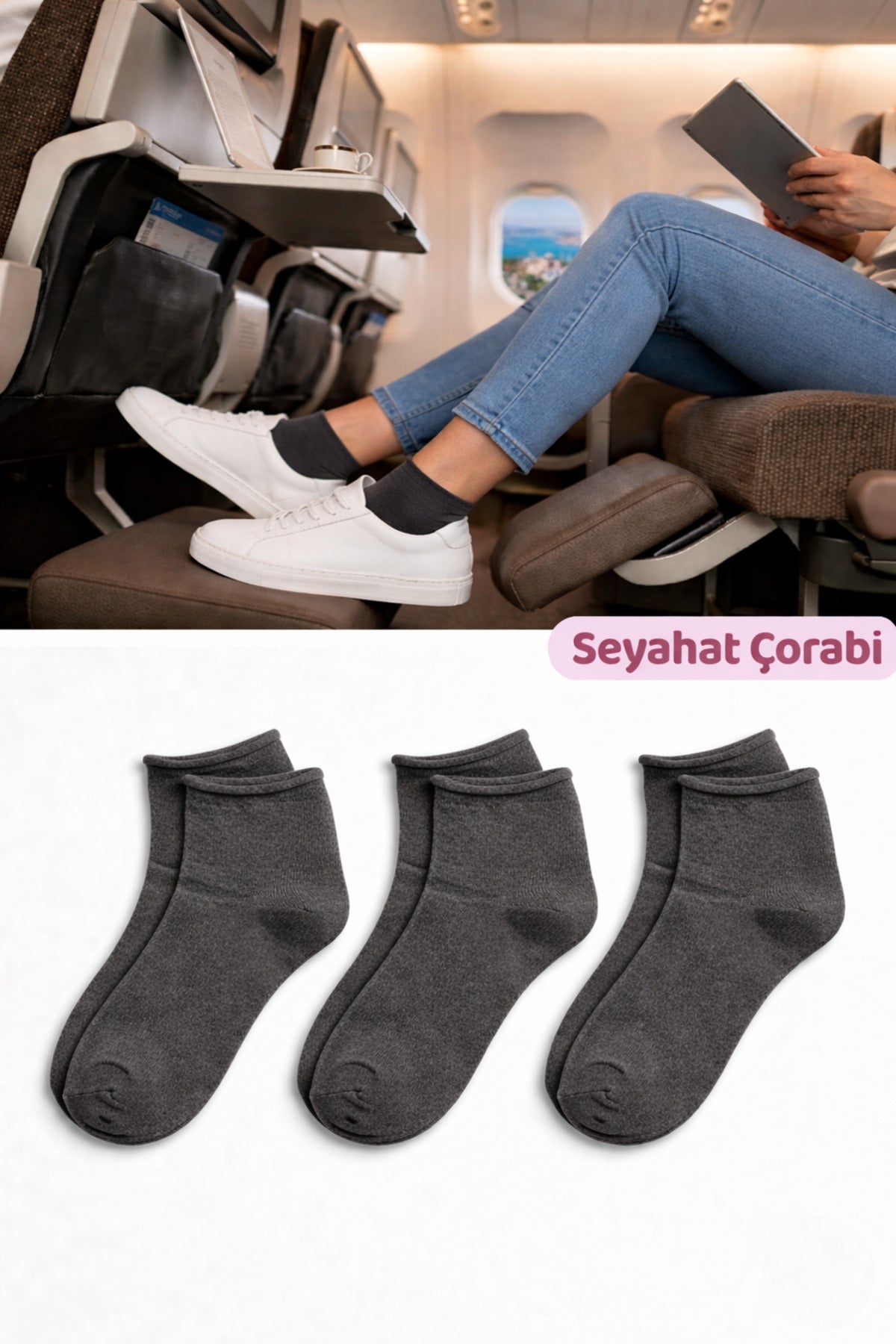 Kadın Füme Lastiksiz Seyahat Çorabı 3’lü Paket Dikişsiz/Premium/Pamuk/Kısa/ Yolculuk Çorabı