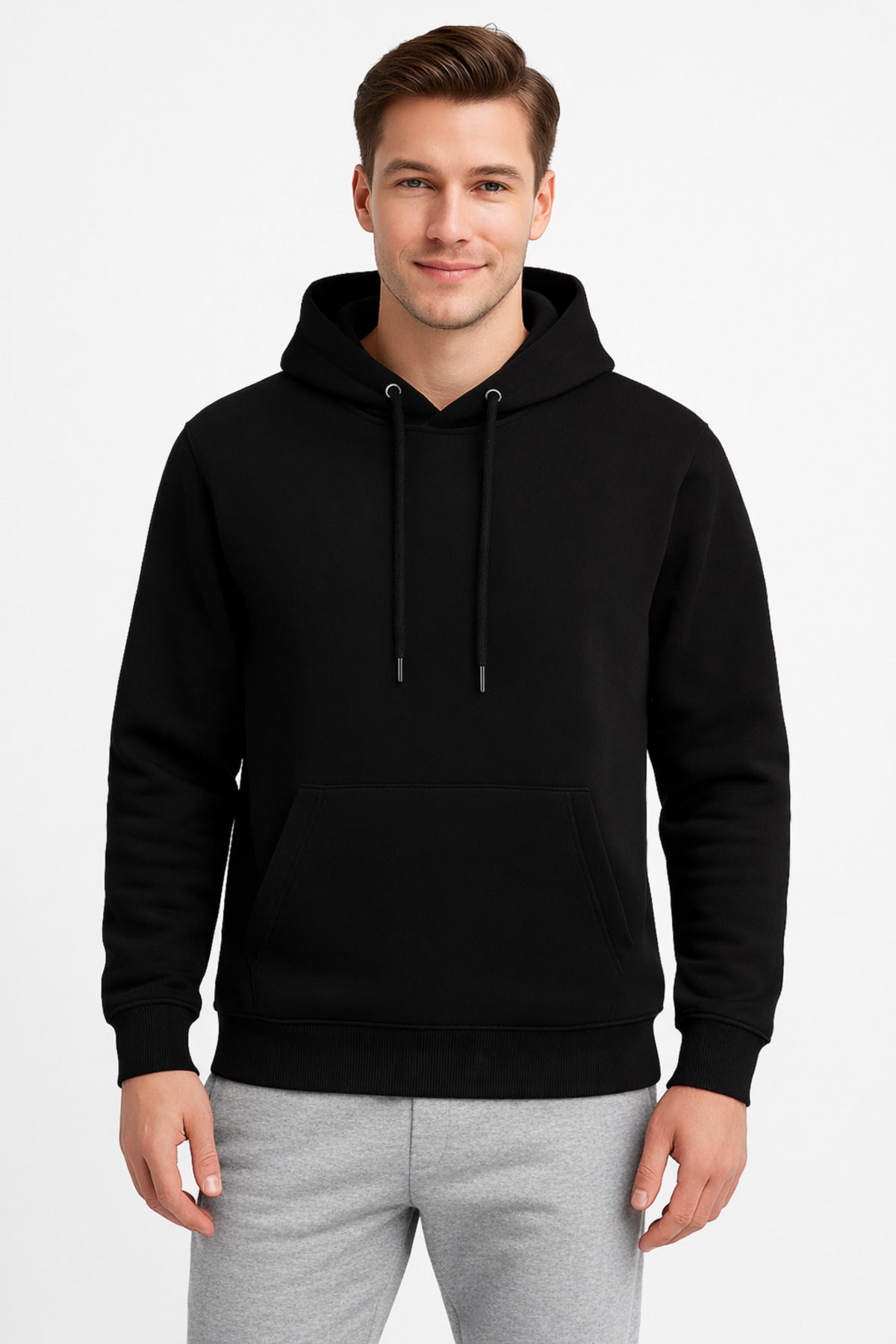 Erkek Siyah 3 İplik Pamuklu Kapüşonlu Sweatshirt Basic Hoodie Kanguru Cepli