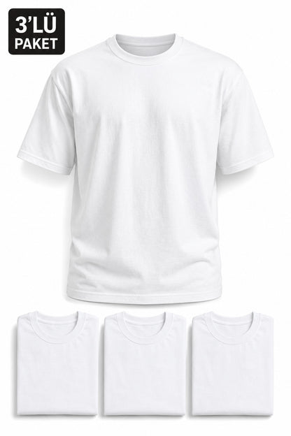 Erkek 3'lü Paket Pamuklu Regular Fit Bisiklet Yaka Günlük Basic Erkek Beyaz Tişört