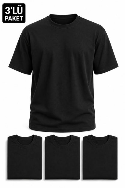 Erkek 3'lü Paket Pamuklu Regular Fit Bisiklet Yaka Günlük Basic Erkek Siyah Tişört