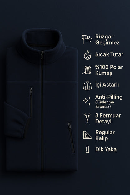 Erkek Anti-pilling Tüylenme Yapmayan Standart Fit Dik Yaka Soğuk Geçirmez Üç Cepli Fermuarlı Polar