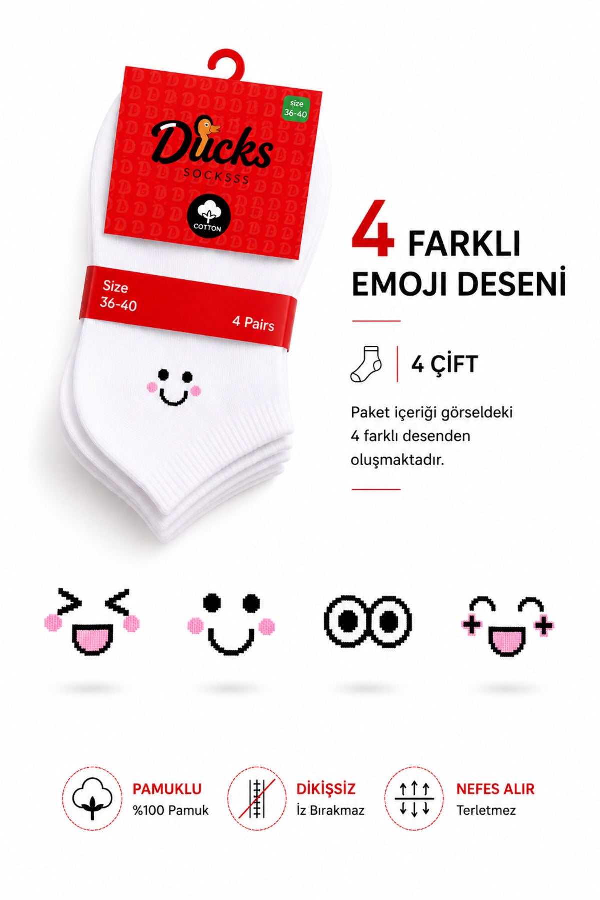 Pamuklu Beyaz Dikişsiz 4'lü Emoji Desenli Kadın Çorap