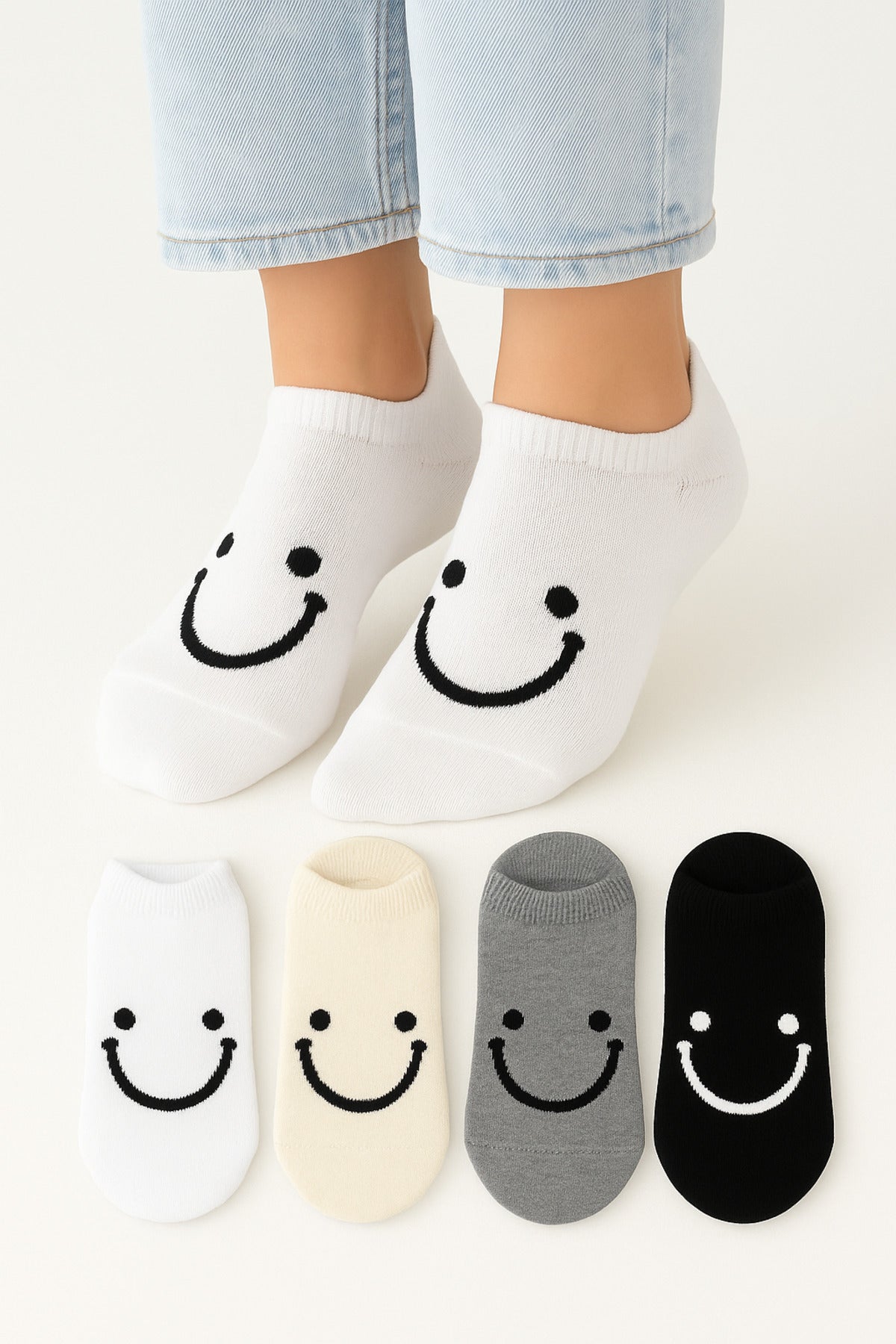 Kadın Dikişsiz Soft Pamuklu Smile Desenli Happy Socks 4'lü Sneakers Çorap