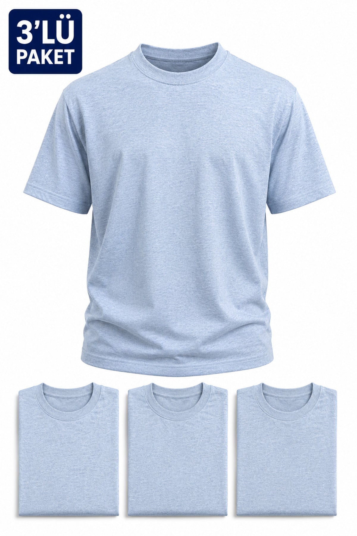 Erkek 3'lü Paket Pamuklu Regular Fit Bisiklet Yaka Günlük Basic Erkek Bebe Mavi Tişört