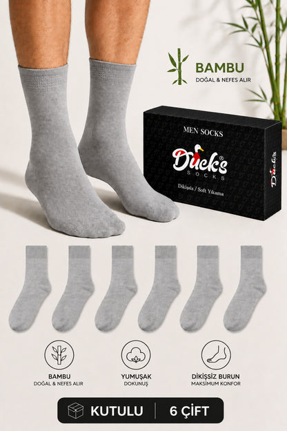 Erkek Gri Bambu Çorap 6'lı Kutulu Dikişsiz Uzun Konç Yıkamalı