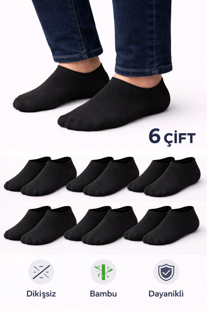 Erkek Siyah Bambu Sneaker Çorap 6’lı Paket – Dikişsiz, Terletmeyen, Dayanıklı, Görünmez