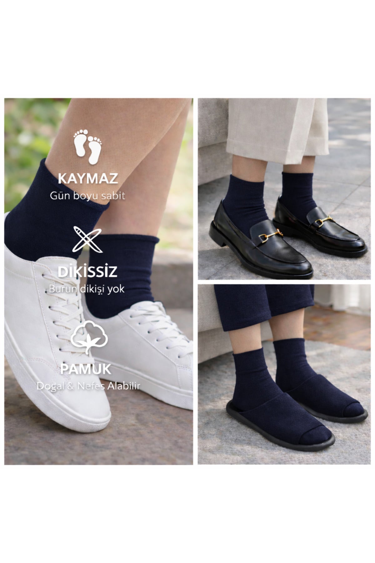 Pamuk Kadın Lastiksiz Lacivert Soket Dikişsiz Premium Çorap 3'lü Paket /İz Bırakmaz /Sıkmayan Çorap