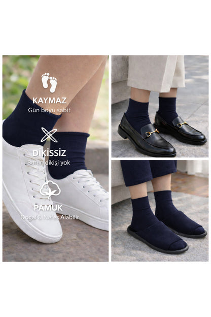 Pamuk Kadın Lastiksiz Lacivert Soket Dikişsiz Premium Çorap 3'lü Paket /İz Bırakmaz /Sıkmayan Çorap