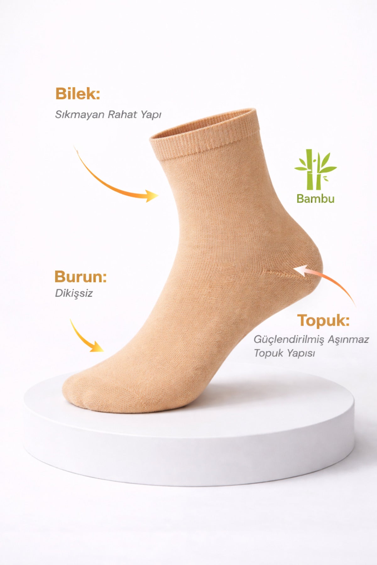 Erkek Kısa Konç Bambu Bej Çorap 3’lü Dikişsiz Terletmeyen Ultra Yumuşak Nefes Alabilir Premium Çorap