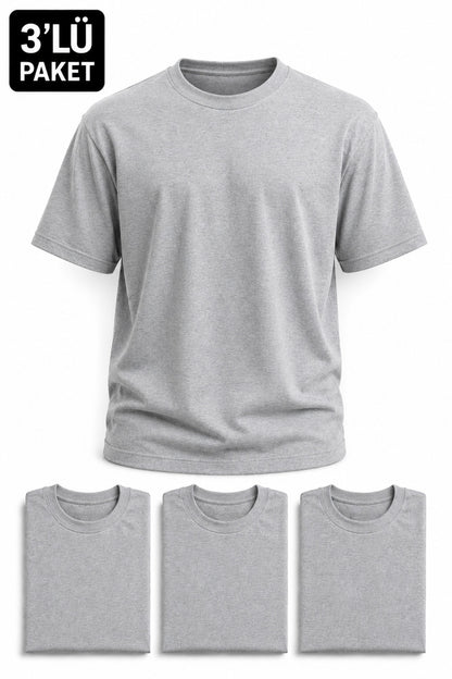 Erkek 3'lü Paket Pamuklu Regular Fit Bisiklet Yaka Günlük Basic Erkek Gri Tişört