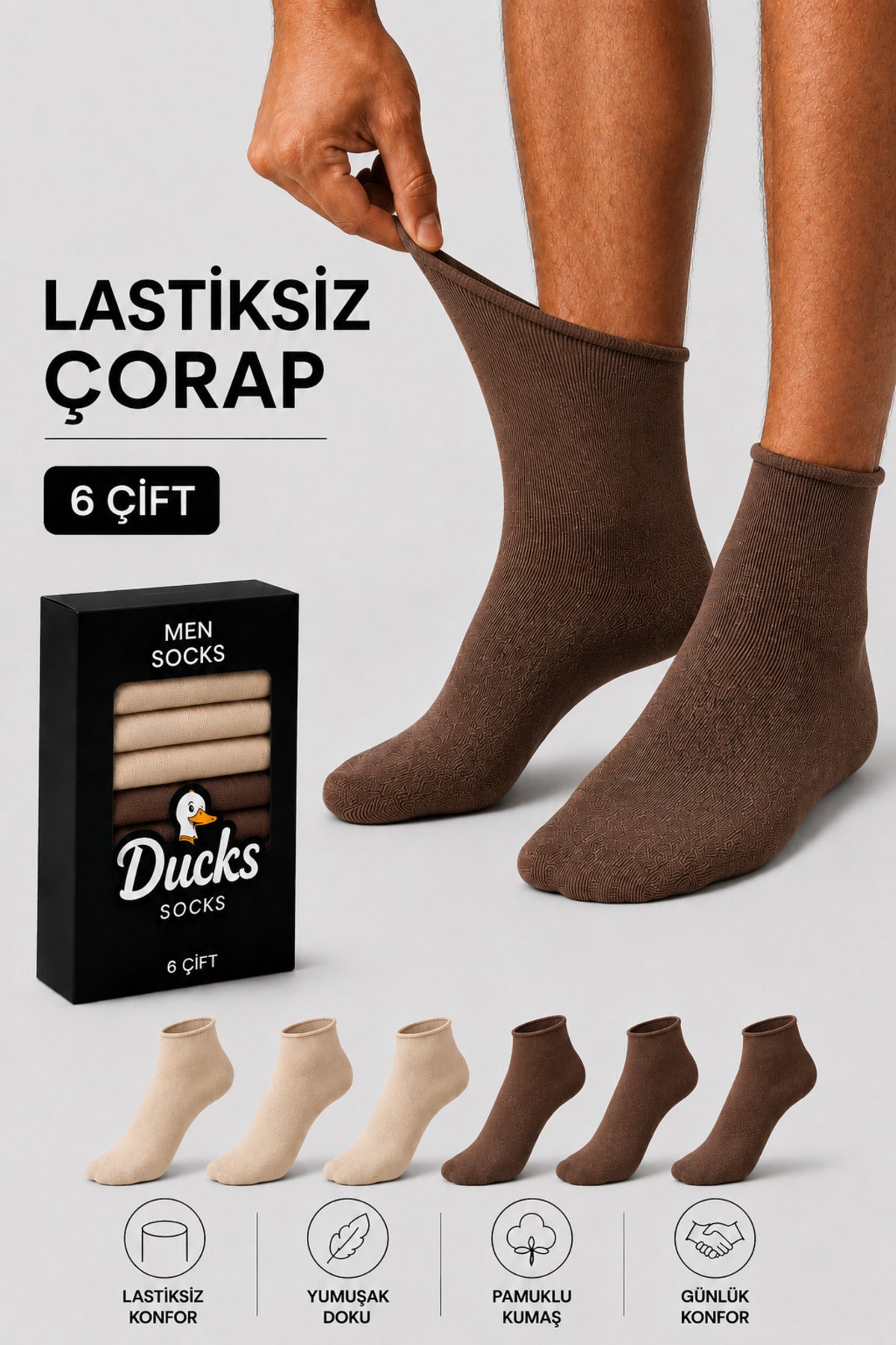 Ducks Socks Erkek 6'lı Pamuklu Kutulu Lastiksiz Çorap Diyabetik Dostu Siyah Dikişsiz Esnek Kısa Konç Sıkmayan Çorap